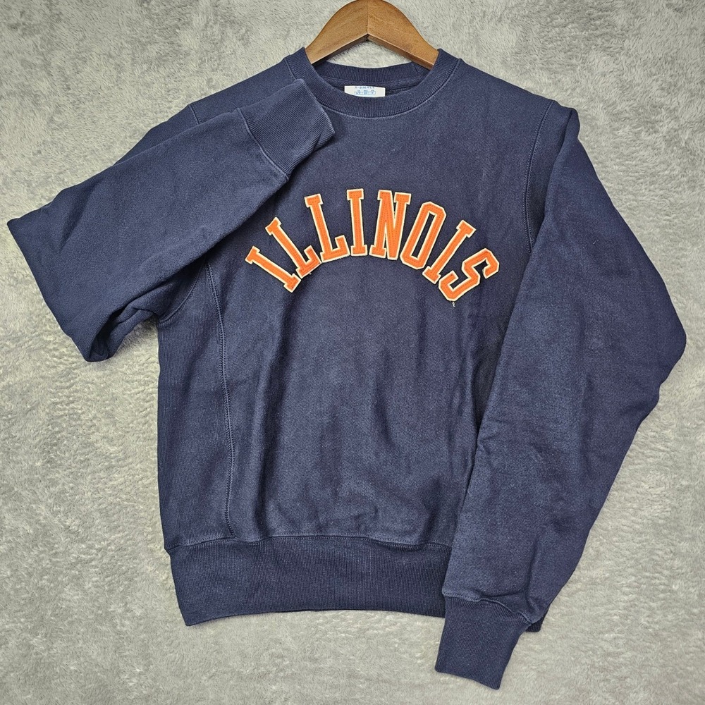 Vintage Illinois Champion Reverse Weave Sweatshirt Mens XS Navy‎ Blue Logo Patch